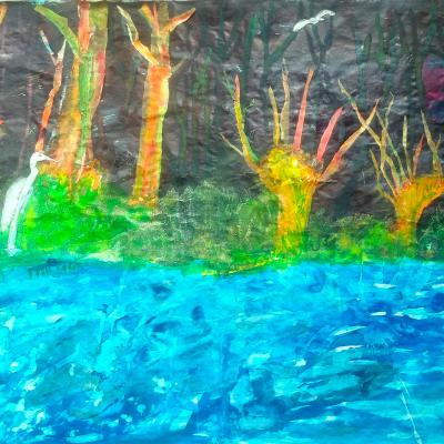 Au bord de l'eau, technique mixte sur papier coréen, 115x154 cm,2026