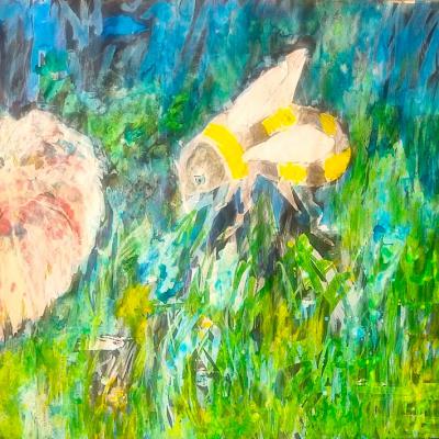 Jojo le bourdon, technique mixte, 64x94cm, papier kozo, 2026