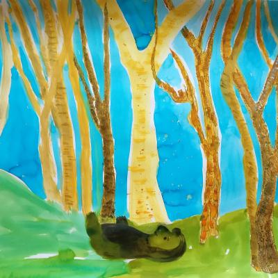 Le repos de l'ours, technique mixte, 50x65 cm, 2025