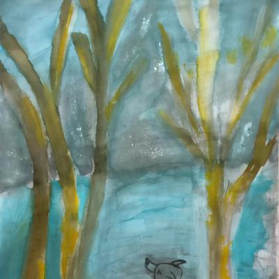 Dans la forêt, encre, 50x65 cm, 2025