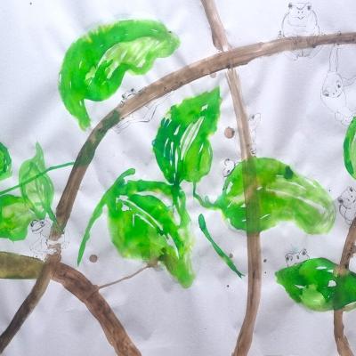 Grenouilles, feutres et encres, papier Kouzo, 64x94cm, 2026
